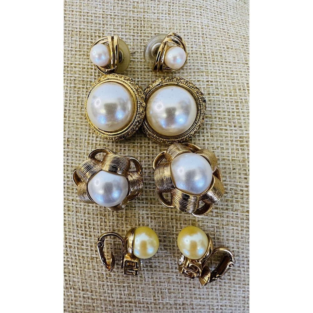 Gold Tone Faux Pearl‎ Center Clip Pierced Earrings Set Of 4